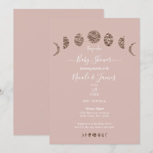 Invitación Fiesta de Bebé Moderna Fases Lunares Brillo Rosa B
