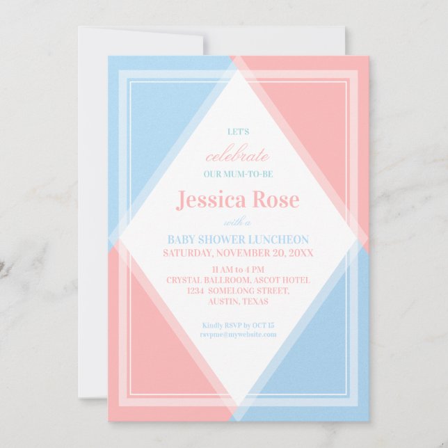 Invitación Fiesta de Bebé Moderna Rosa Azul Claro con Brillo (Anverso)