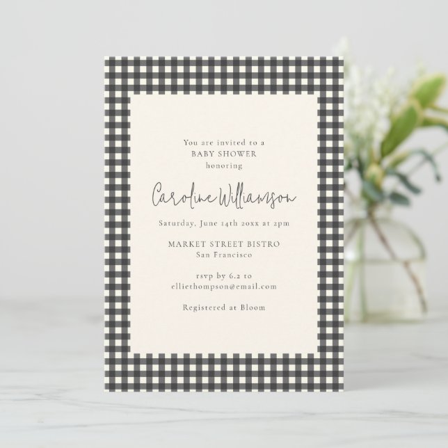 Invitación Fiesta de Bebé Moderno a Cuadros Gingham Negro y B (Anverso de pie)