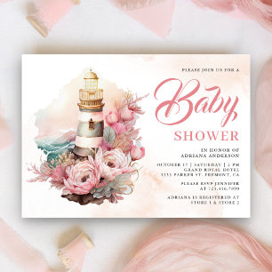 Invitación Fiesta de Bebé Náutica Faro Floral Rosa Boho