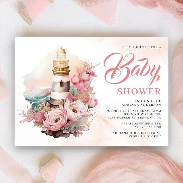 Invitación Fiesta de Bebé Náutica Faro Floral Rosa Boho   (Subido por el creador)