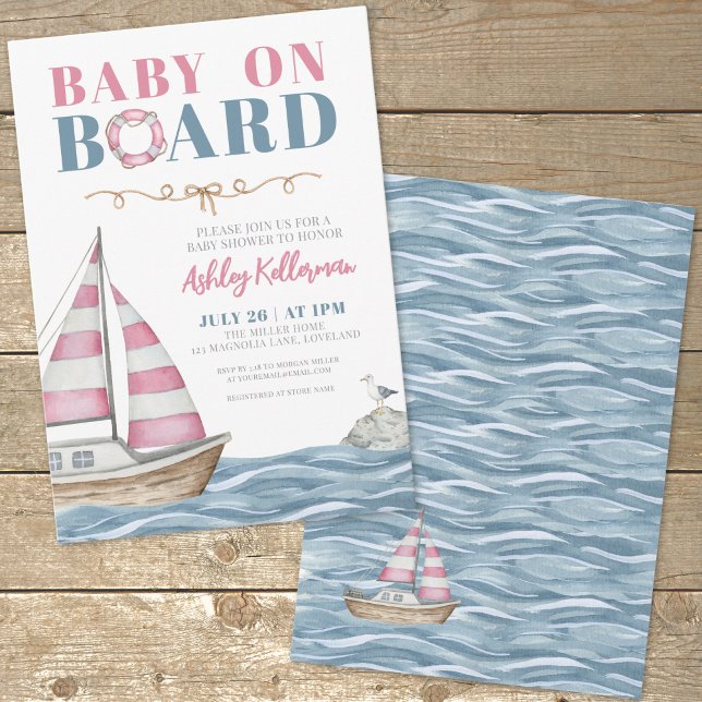 Invitación Fiesta de Bebé Náutica Rosa (Sailboat Nautical Baby Shower Invitation)