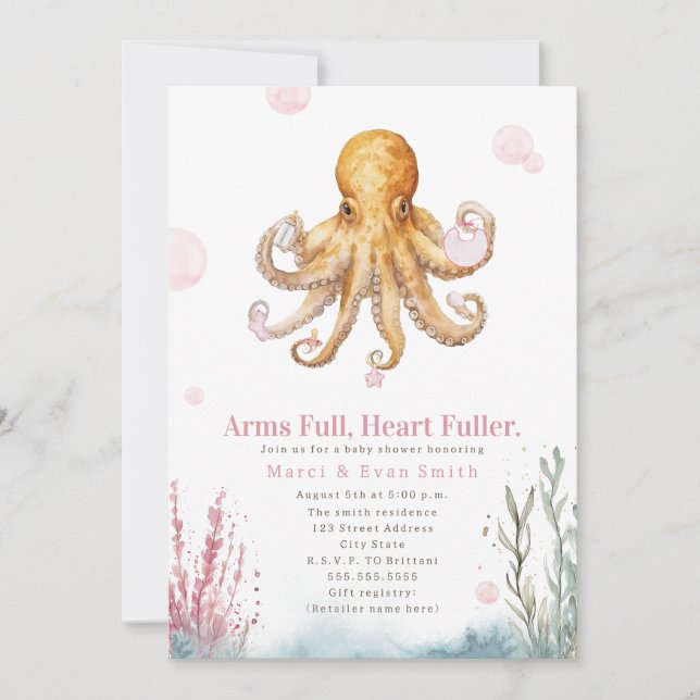 Invitación Fiesta de Bebé Náutico Rosa con Brazos Llenos Cora (Anverso)