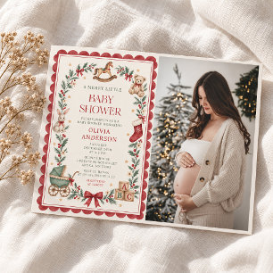 Invitación Fiesta de Bebé Navidad Juguetes Vintage Red Scallo
