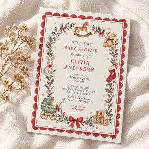 Invitación Fiesta de Bebé Navidad Juguetes Vintage Red Scallo