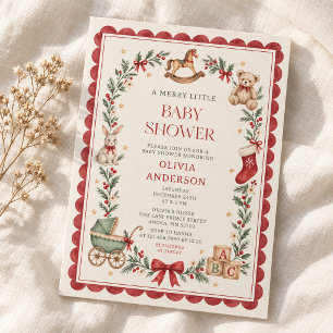 Invitación Fiesta de Bebé Navidad Juguetes Vintage Red Scallo