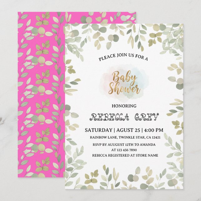 Invitación Fiesta de bebé neutral con acuarela de eucalipto (Anverso / Reverso)