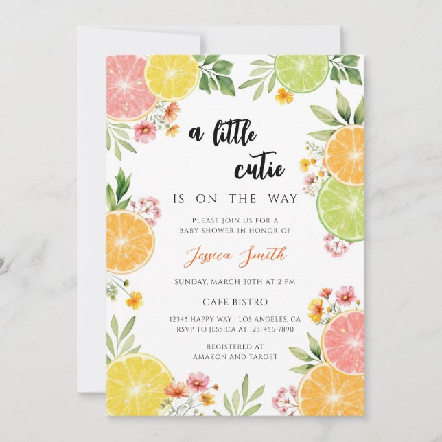 Invitación Fiesta de Bebé Neutral con Tema de Cítricos Brilla (Anverso)