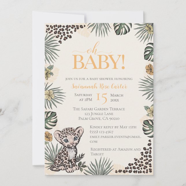 Invitación Fiesta de bebé neutral de safari de leopardo adora (Anverso)