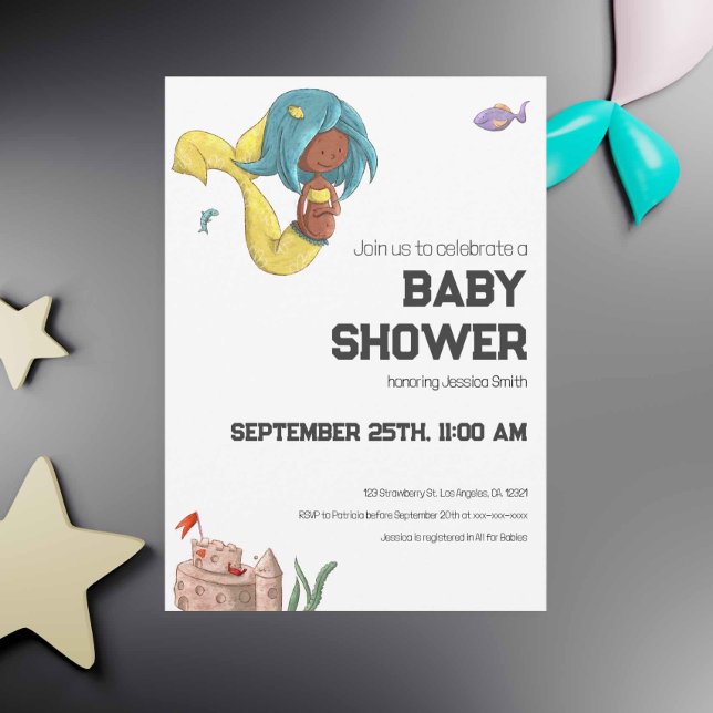 Invitación Fiesta de Bebé Neutral de Sirena Negra Embarazada  (Cute Black pregnant mermaid gender neutral baby shower in yellow and blue colors. Exclusive design.)