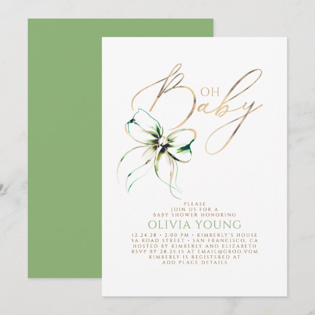 Invitación Fiesta de Bebé Neutral en Verde y Dorado (Anverso / Reverso)