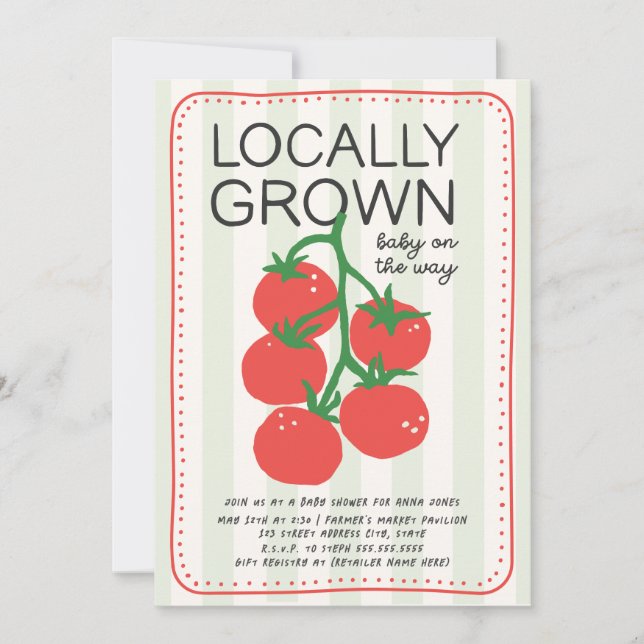 Invitación Fiesta de Bebé Neutro de Tomate de Mercado de Crec (Anverso)