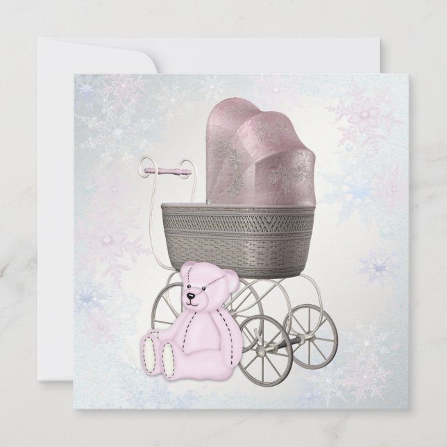 Invitación Fiesta de Bebé Nieve Rosa Invernal Maravilla (Anverso)