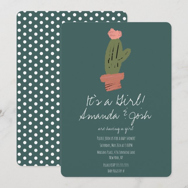 Invitación Fiesta de Bebé Niña Cactus Bud Tropical Dots (Anverso / Reverso)