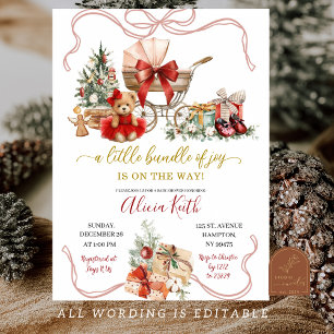 Invitación Fiesta de Bebé Niña Carruaje Coquette Navidad Roja