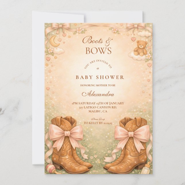 Invitación Fiesta de Bebé Niña con Botas y Lazos Rosas (Anverso)