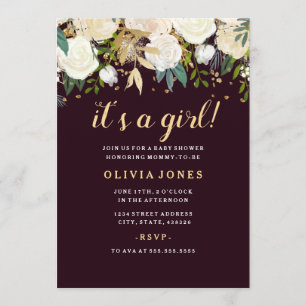 Invitación Fiesta de bebé niña con brillo floral de Borgoña
