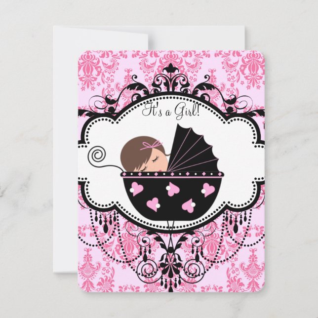 Invitación Fiesta de bebé niña con damasco rosa (Anverso)