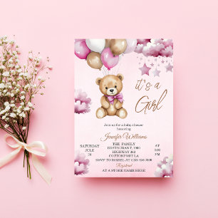 Invitación Fiesta de Bebé Niña con Globos Rosados y Osito de