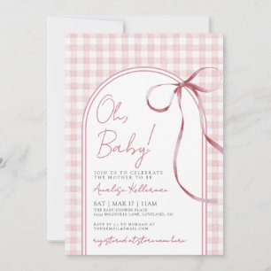 Invitación Fiesta de Bebé Niña con Lazo Rosa a Cuadros