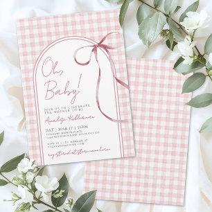 Invitación Fiesta de Bebé Niña con Lazo Rosa a Cuadros