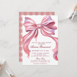 Invitación Fiesta de Bebé Niña con Lazo Rosa y Cuadro Escocés