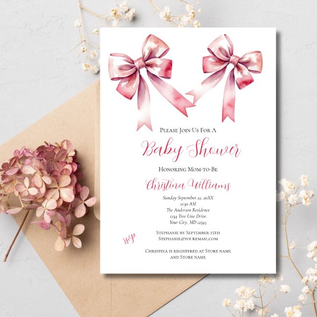 Invitación Fiesta de Bebé Niña Coqueta con Lazo Rosa (Pink Bow Coquette Aesthetic Baby Girl Baby Shower Invitation. Printed or Digital Download )