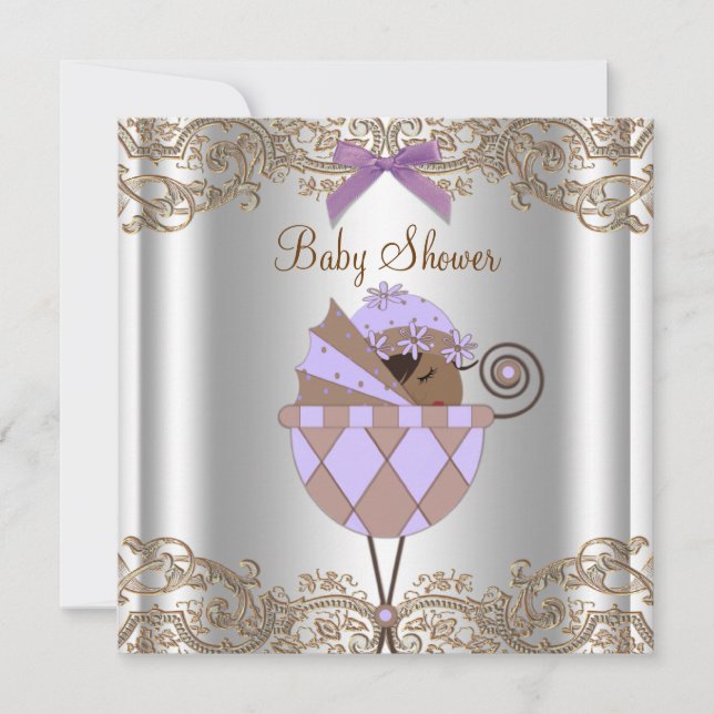 Invitación Fiesta de bebé niña de encaje morado marrón lavand (Anverso)