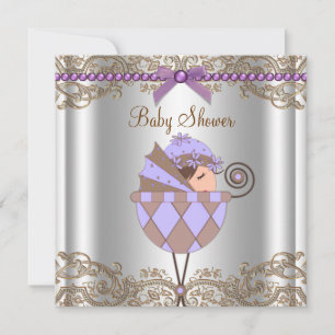Invitación Fiesta de bebé niña de encaje morado marrón lavand