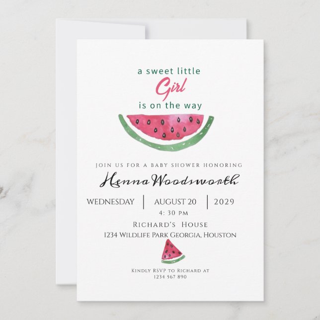 Invitación Fiesta de Bebé Niña Dulce Sandía de Verano  (Anverso)