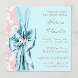 Invitación Fiesta de bebé niña elegante azul teal rosa damasc