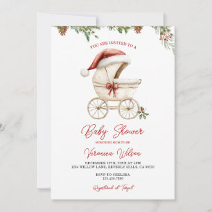 Invitación Fiesta de Bebé Niña en Cochecito Rojo de Navidad