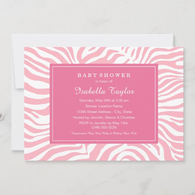 Invitación Fiesta de Bebé Niña Estampado Cebra Rosa Chic (Anverso)