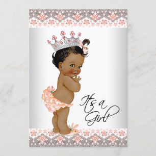 Invitación Fiesta de Bebé Niña Étnica Melocotón y Gris