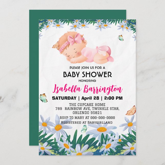 Invitación Fiesta de bebé niña flores de margarita lindos niñ (Anverso / Reverso)
