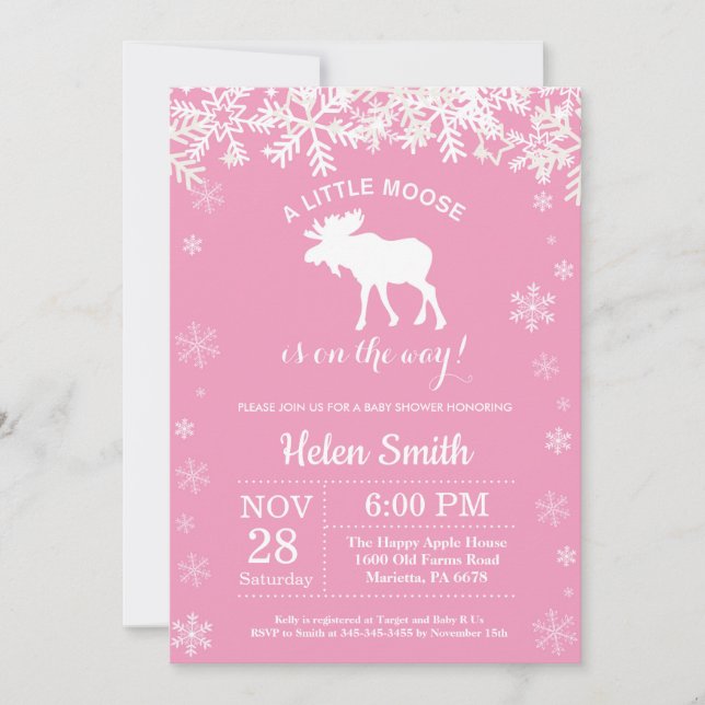 Invitación Fiesta de bebé niña invierno alce copo de nieve (Anverso)