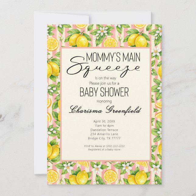 Invitación Fiesta de Bebé Niña Limón Rosa La Principal Compre (Anverso)