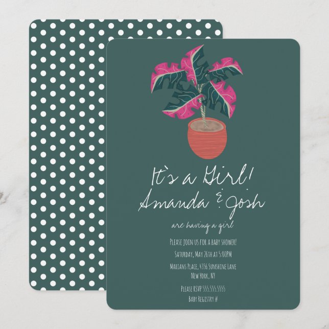 Invitación Fiesta de Bebé Niña Monstera Tropical Verde Puntos (Anverso / Reverso)