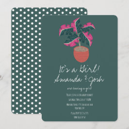Invitación Fiesta de Bebé Niña Monstera Tropical Verde Puntos