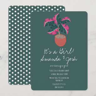 Invitación Fiesta de Bebé Niña Monstera Tropical Verde Puntos