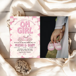 Invitación Fiesta de Bebé Niña Oh Niña Coche de Carreras Cuad
