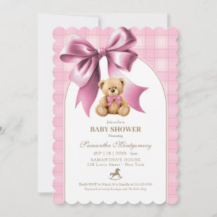 Invitación Fiesta de Bebé Niña Oso Teddy Elegante Cuadro Rosa