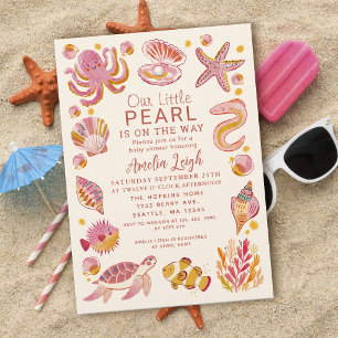 Invitación Fiesta de bebé niña Perla Oceánica Criaturas Marin