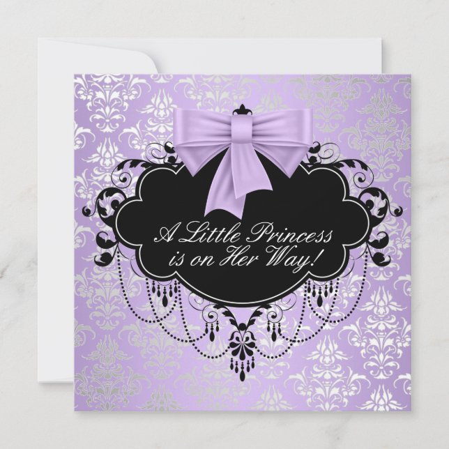 Invitación Fiesta de bebé niña princesa morado plateado negro (Anverso)