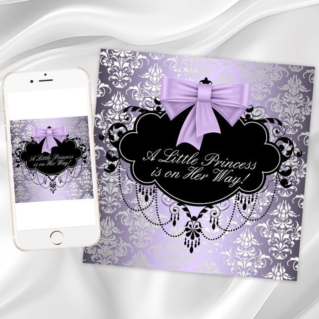 Invitación Fiesta de bebé niña princesa morado plateado negro (Purple and black baby shower invitation. Change the text as needed. Download and printed available.)