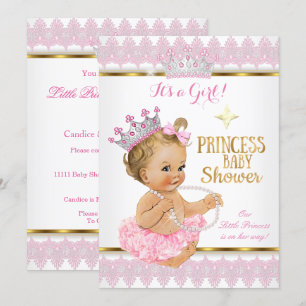 Invitación Fiesta de Bebé Niña Princesa Rubia Tutú Rosa Dorad