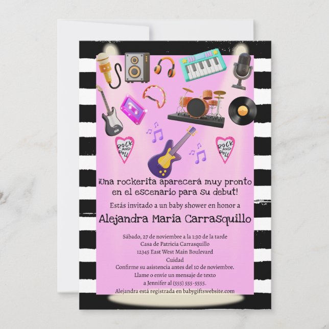 Invitación Fiesta de Bebé Niña Rock n Roll Español Rosa (Anverso)