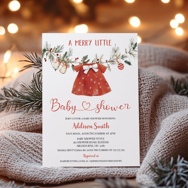 Invitación Fiesta de Bebé Niña Roja Alegre Bebé (Merry Little Baby Shower Invitation Template Girl, Christmas Baby Shower Invitation, Christmas Baby)