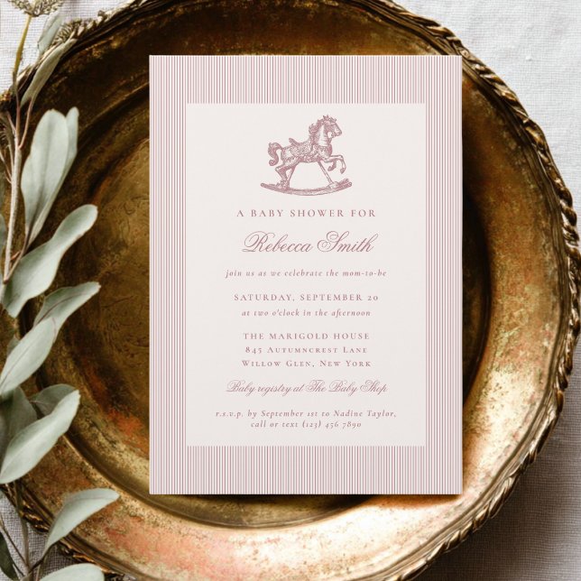 Invitación Fiesta de Bebé Niña Rosa Clásico Caballo de Madera (Subido por el creador)