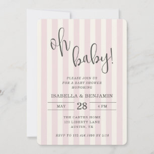 Invitación Fiesta de Bebé Niña Rosa y Rayas de Crema Oh Bebé